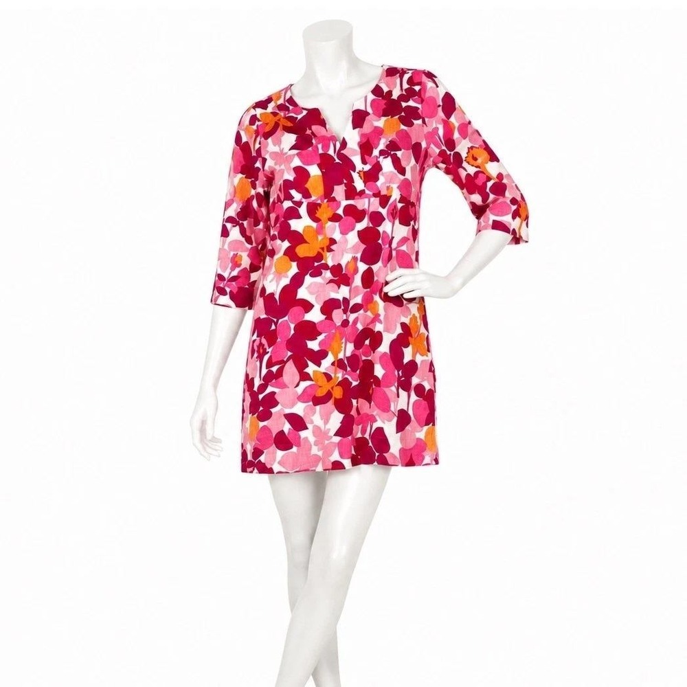 Boden Floral 100% Linen Tunic Top Leaf Print Coastal Pink Petite 10P
